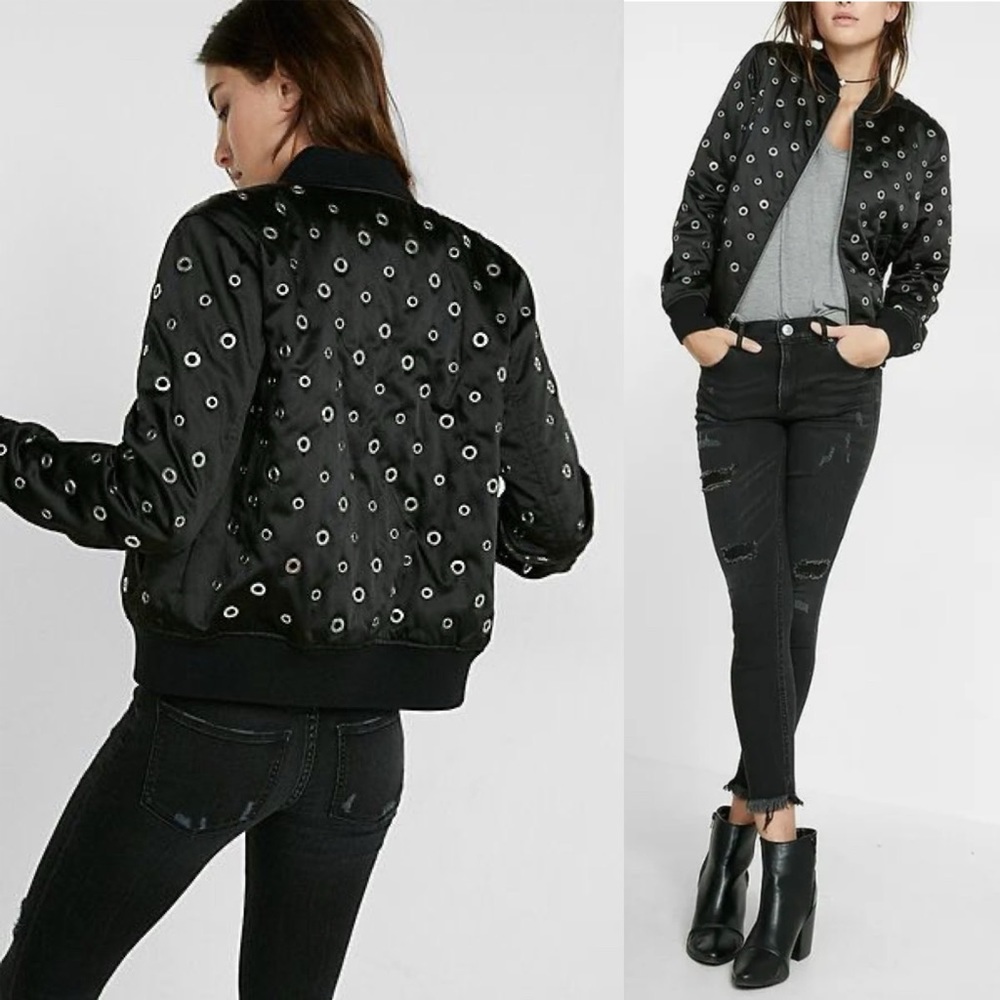 Express Black Eyelet Bomber Jacket